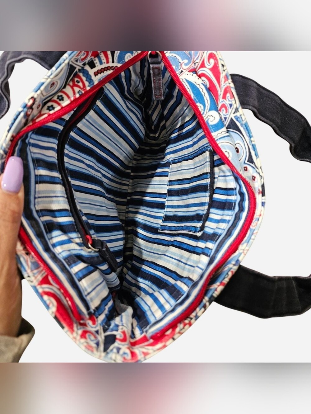 Printed Canvas Tote Bag with Navy Trim - Blue & Red - Picture 3 of 6
